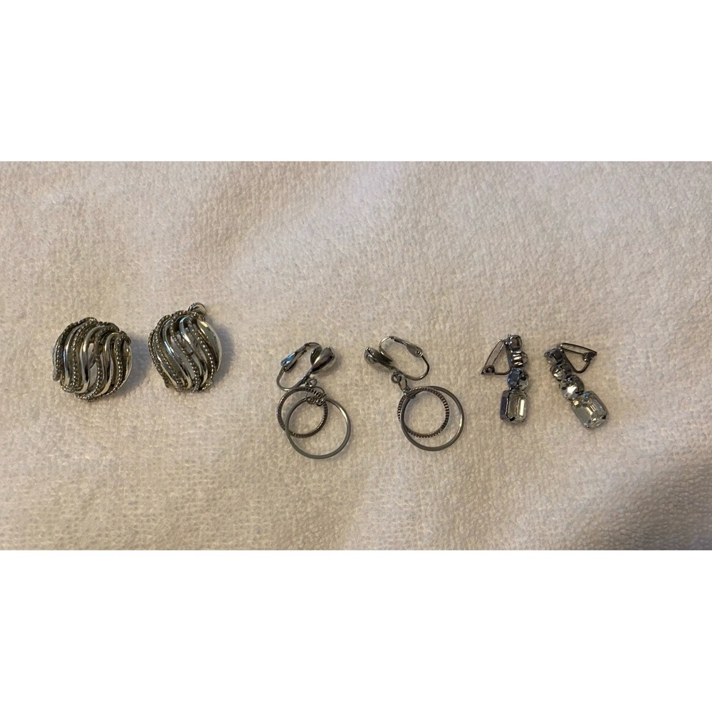 3 Pair Vintage Silver Tone Earrings Monet & 2 Dangle Clip On